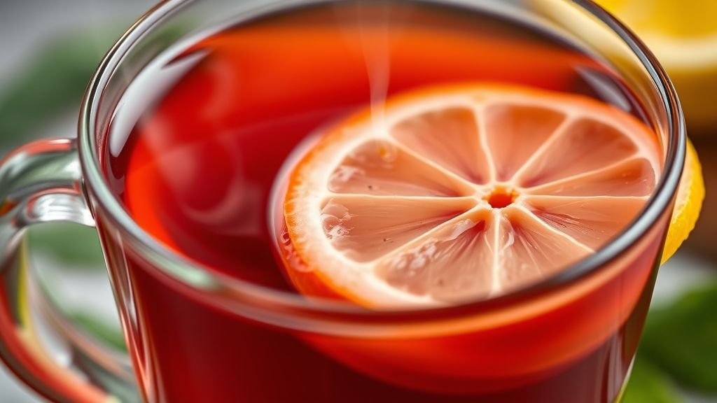 Close-up da xícara de chá detox mostrando a cor vibrante e fatia de limão.