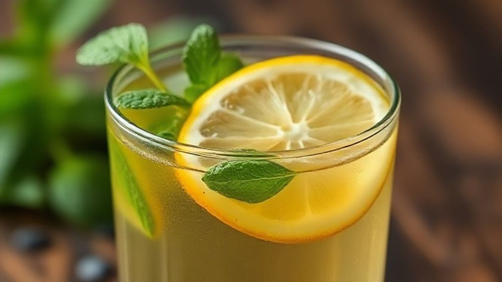 Close-up de um copo com chá detox pronto, destacando o frescor do limão e da hortelã