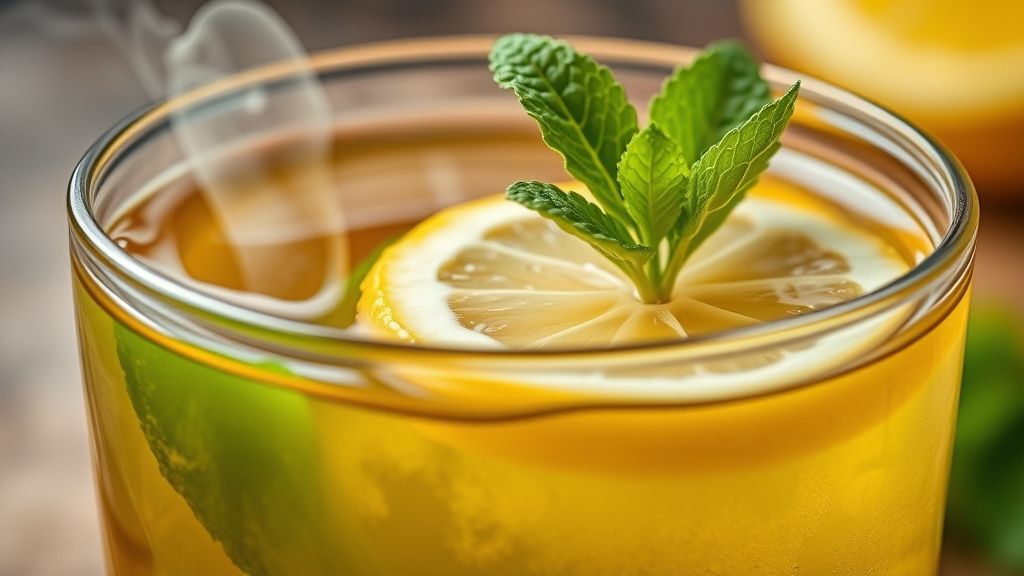 Close-up de uma xícara de chá detox natural mostrando textura, limão e hortelã frescos.