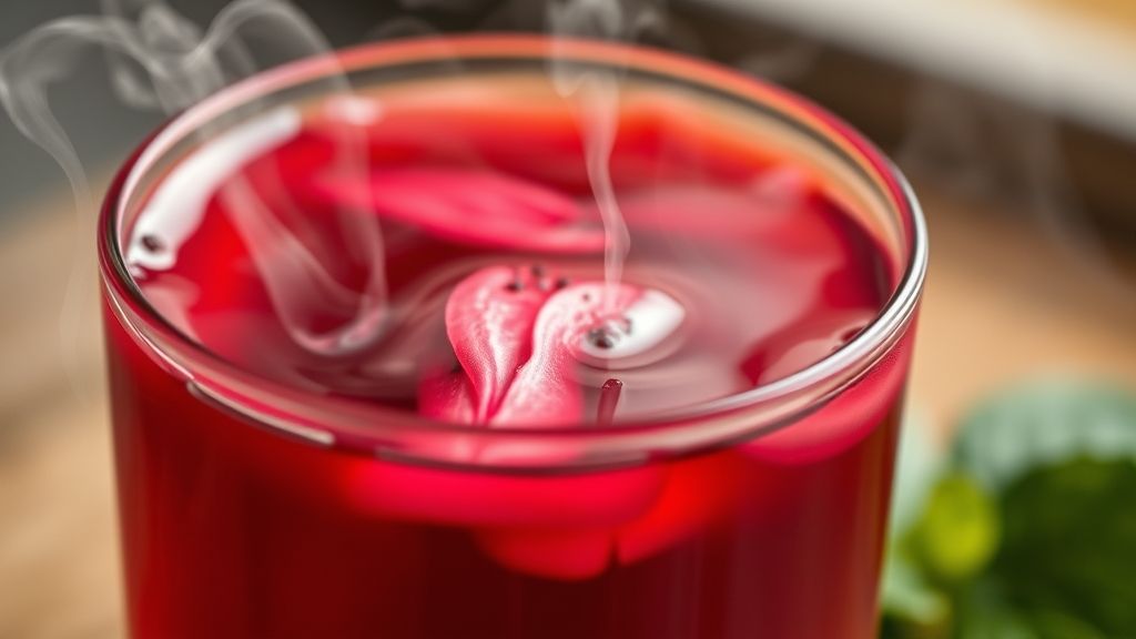 Close-up da xícara de chá detox com vapor subindo, destacando a cor vibrante e a textura da infusão.