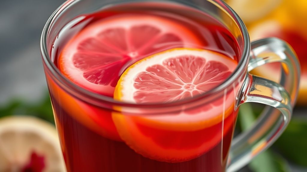 Close-up da xícara de chá detox destacando a cor avermelhada do hibisco e as rodelas de limão