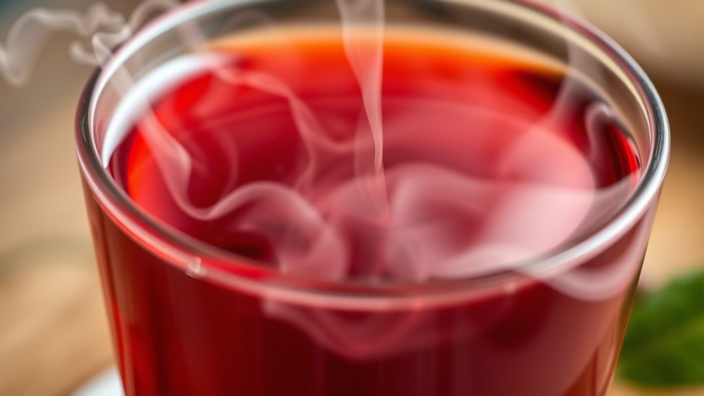 Close-up da xícara de chá detox finalizado, destacando cor intensa e vapor subindo da bebida