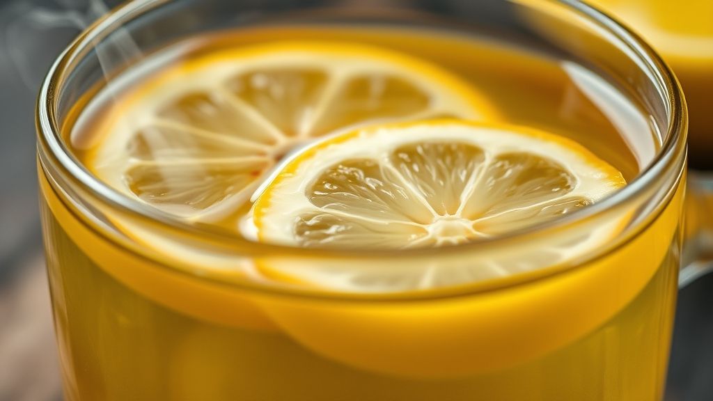 Close-up do chá detox pronto em xícara de vidro, com textura da infusão e rodelas de limão flutuando
