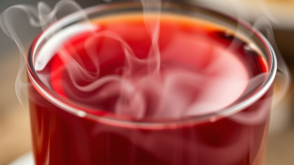 Close-up do chá detox pronto em xícara de vidro, destacando sua cor vibrante e vapor aromático.