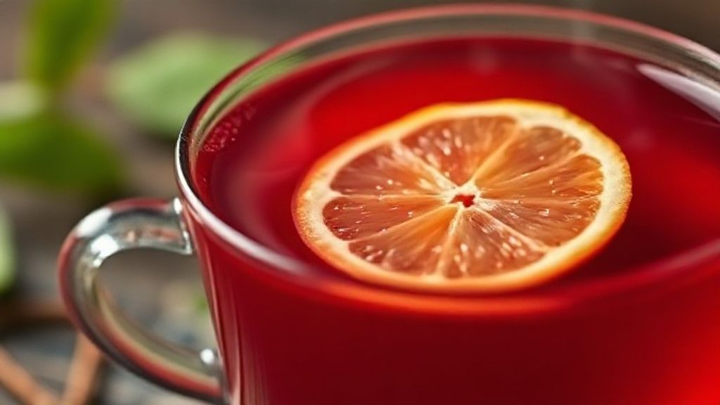 Close-up da xícara de chá pronto, com cor intensa de hibisco e limão ao lado, realçando a textura e o vapor subindo