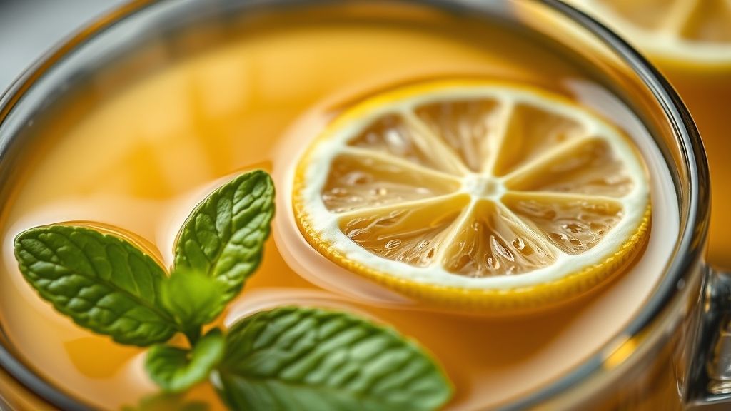 Close-up de uma xícara de chá com limão e hortelã, destacando cores e textura da bebida