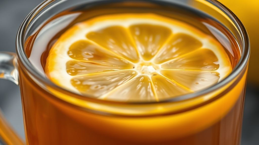 Close-up da xícara de chá com rodela de limão, destacando aroma e cor vibrante