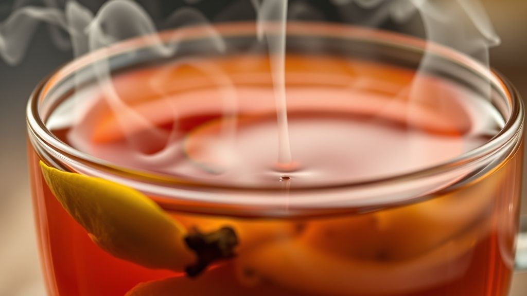 Close-up de uma xícara de chá recém-preparado, destacando cor vibrante e vapor.