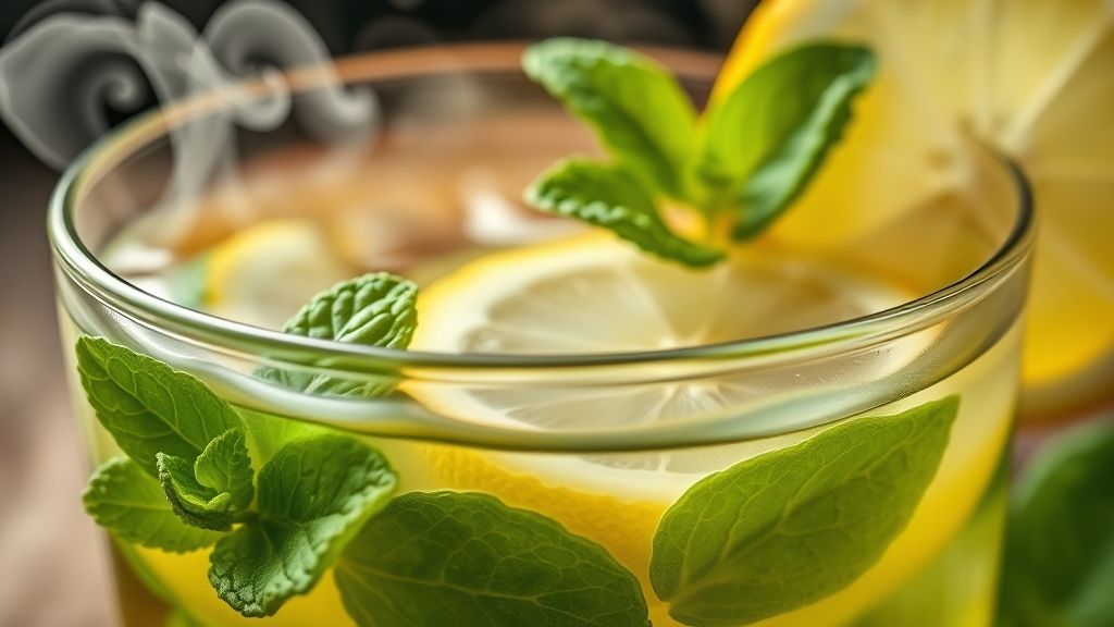 Close-up do chá servido, destacando vapor e aroma fresco com folhas de hortelã.