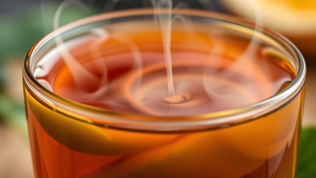 Close-up da xícara de chá fumegante mostrando a cor vibrante e textura das ervas