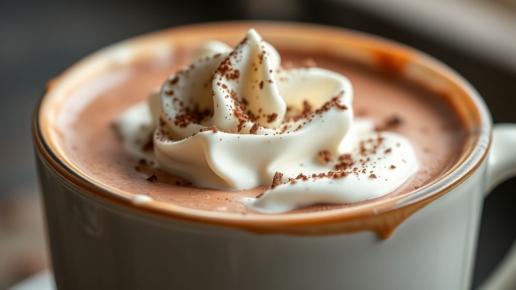 Close-up do chocolate quente bem cremoso na caneca, com chantilly, raspas de chocolate e leve vapor subindo.