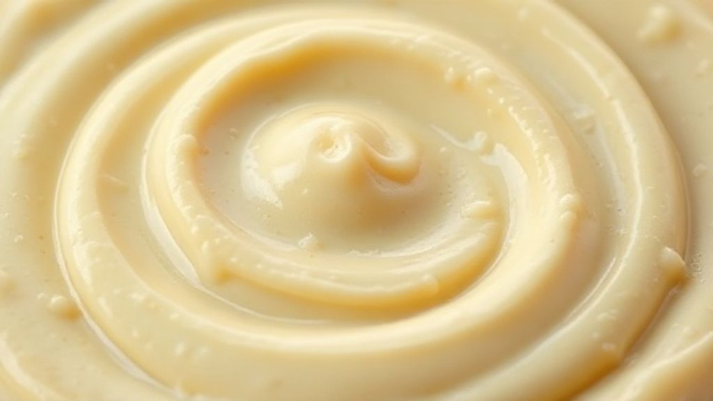 Close-up do creme de alho cremoso mostrando sua textura macia e brilhante.