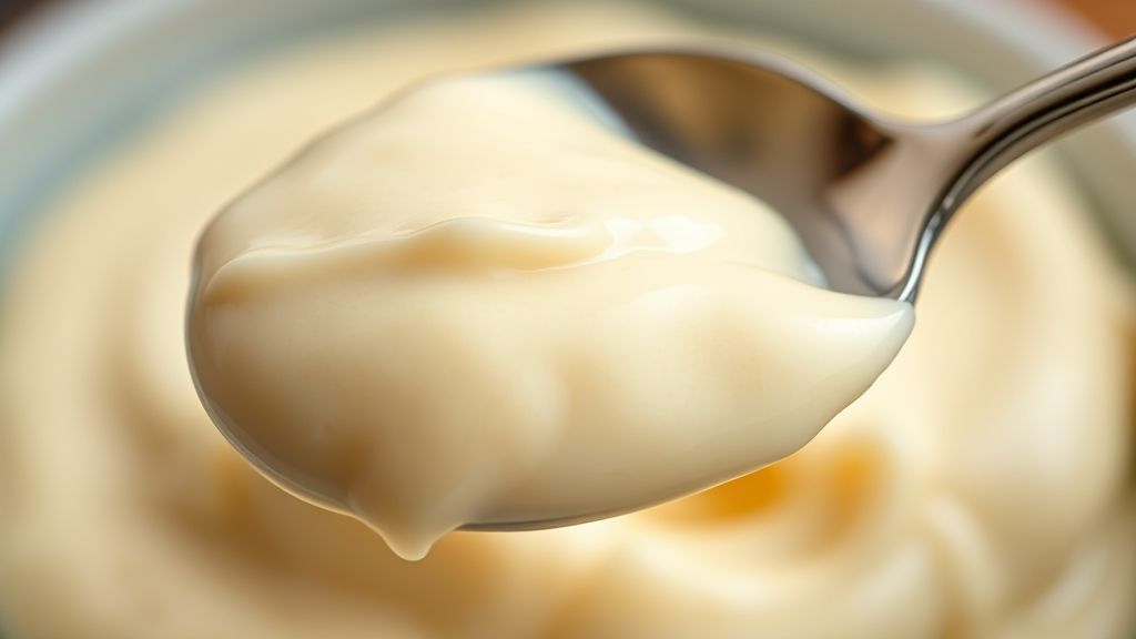 Close-up da textura do creme pronto, cremoso e aveludado, sendo servido com colher.