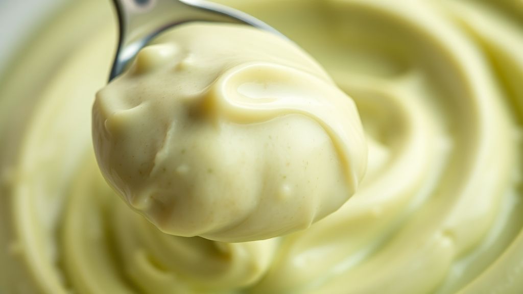 Close-up do creme de pistache em colher destacando sua textura cremosa.