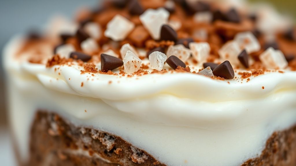 Close-up da sobremesa em camadas pronta, destacando textura cremosa e aerada