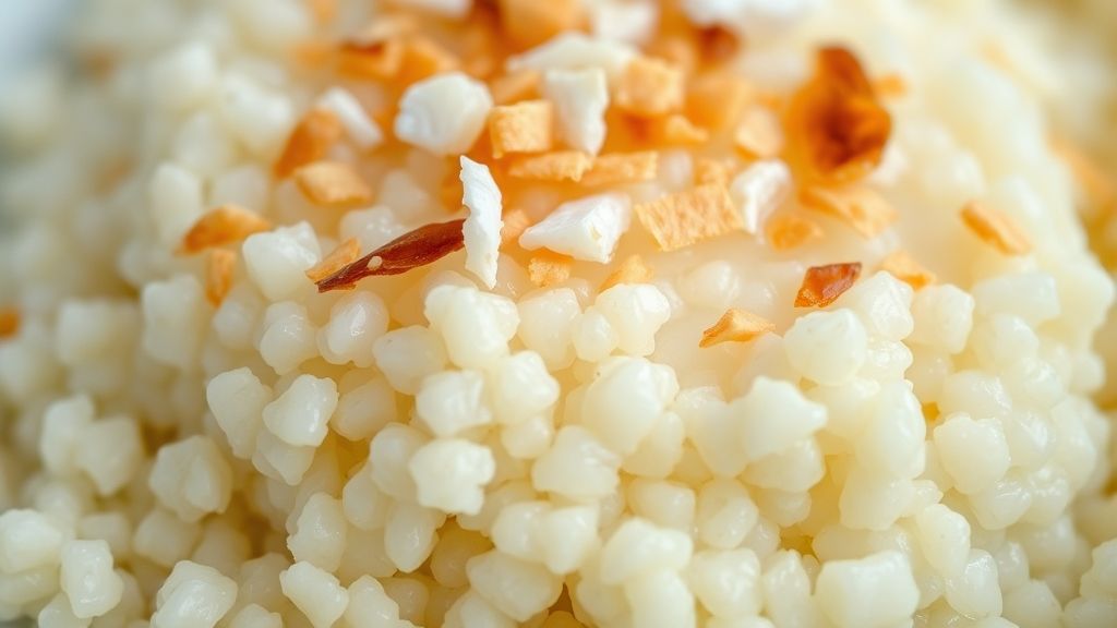 Close-up do cuscuz pronto, com textura macia e coco ralado por cima.