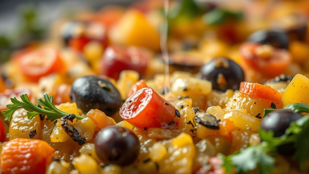 Close-up do cuscuz paulista desenformado, destacando textura e cores dos legumes.