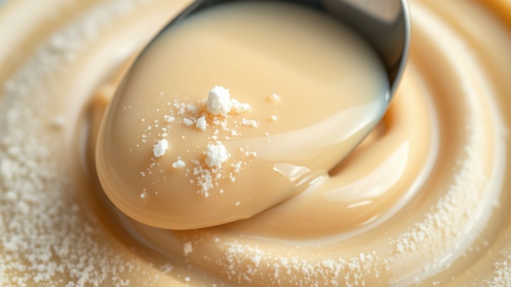 Close-up do doce de leite em pó pronto, destacando a textura cremosa brilhante em colher