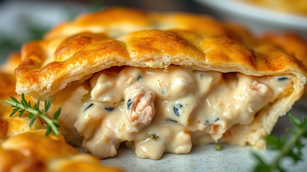 Close-up de uma fatia de empadão de frango cremoso, destacando a textura do recheio e a crocância da massa
