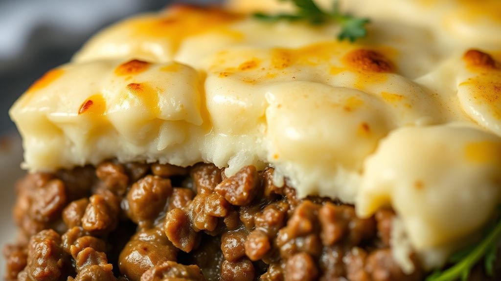 Close-up do escondidinho cortado, mostrando camadas de carne moída e purê cremoso gratinado