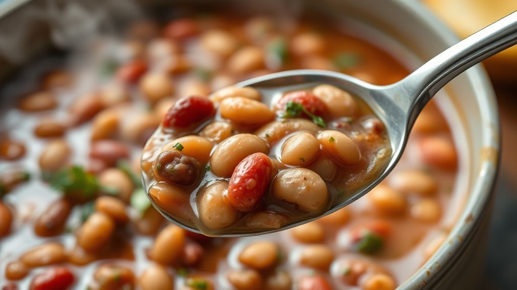 Close-up do feijão macio e bem temperado, com caldo encorpado e ervas frescas
