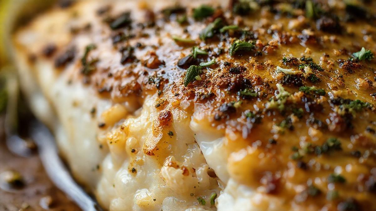 Gros plan sur le filet de daurade rôti au four, tendre, doré et juteux, mettant en valeur la texture et la brillance de l'huile d'olive