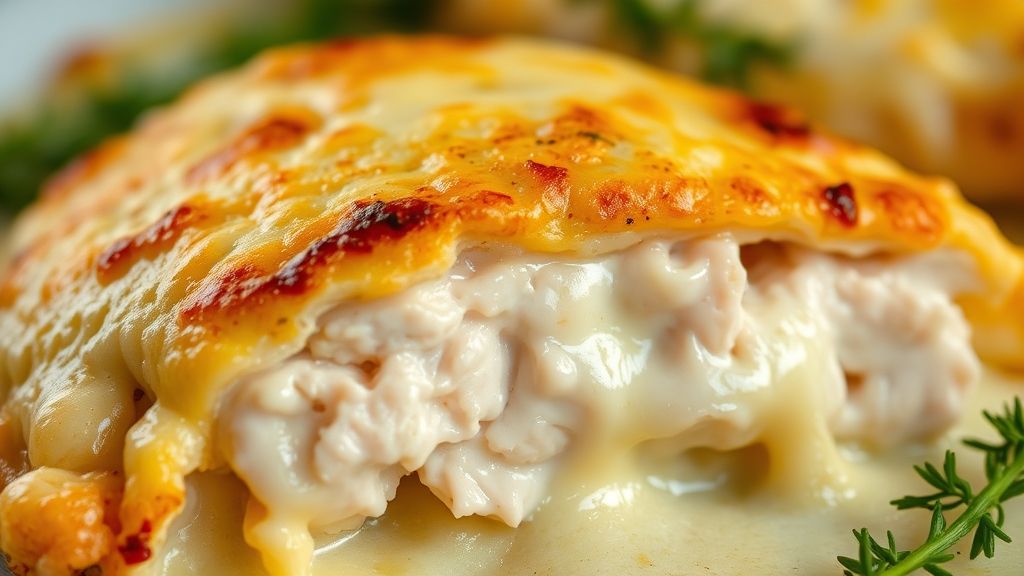 Close-up dos filés gratinados com queijo derretido e dourado, destacando a textura e cremosidade