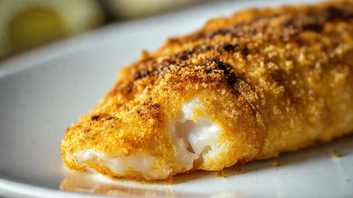 Close-up destacando a casquinha dourada e crocante do filé de linguado empanado.