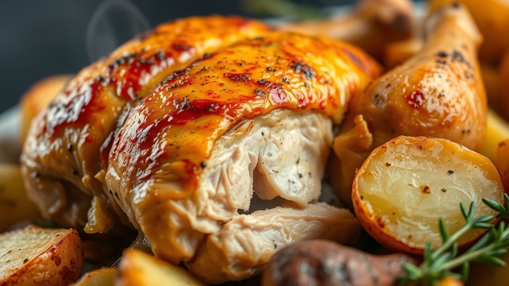 Close-up do frango assado crocante com batatas douradas ao redor.