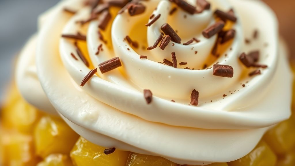 Close-up da sobremesa servida em taça, mostrando a textura cremosa, chantilly aerado e raspas de chocolate branco.