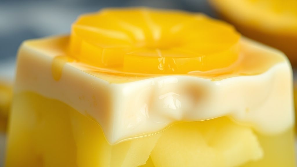 Close-up da sobremesa pronta em camadas, mostrando textura cremosa do creme contrastando com cubos de abacaxi e gelatina firme.