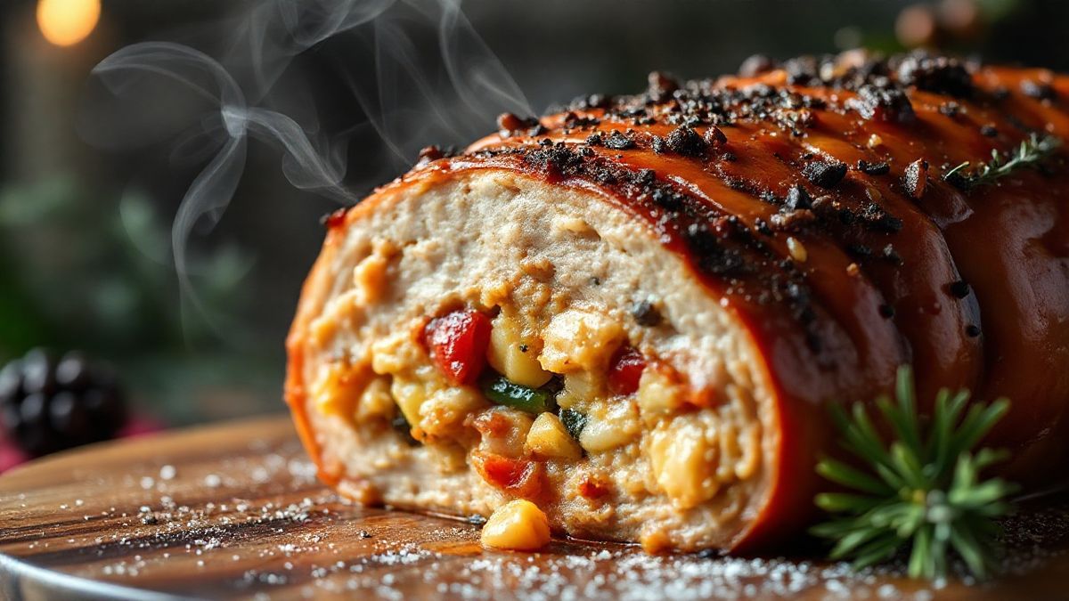 Gros plan sur les tranches de longe rôtie, montrant une texture juteuse et une garniture colorée