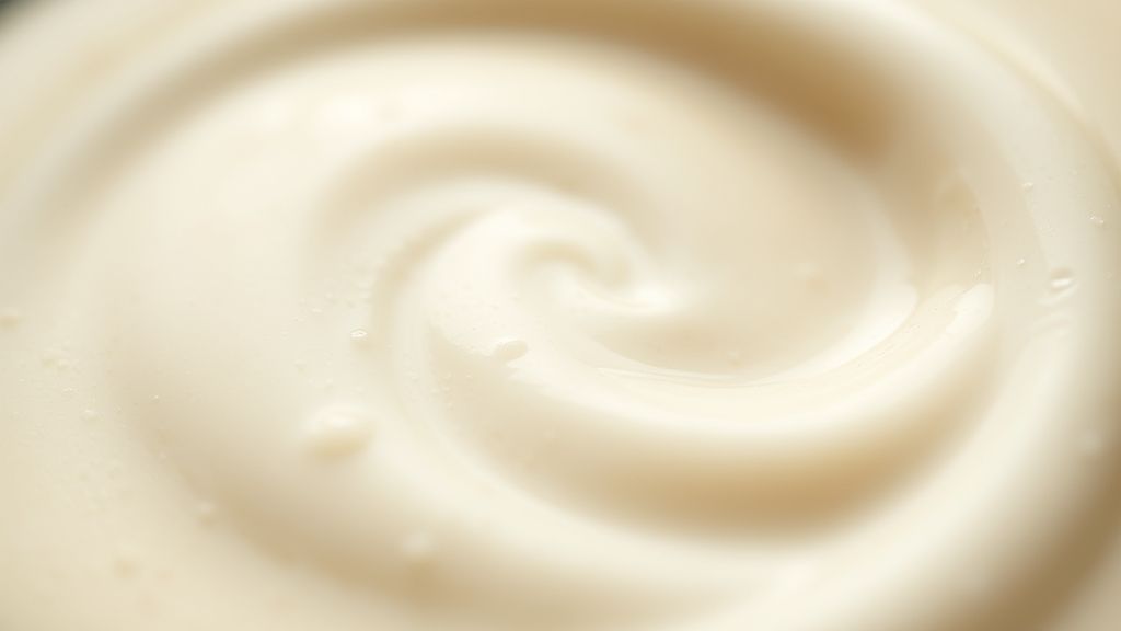 Close-up do molho branco, destacando textura cremosa e aveludada.
