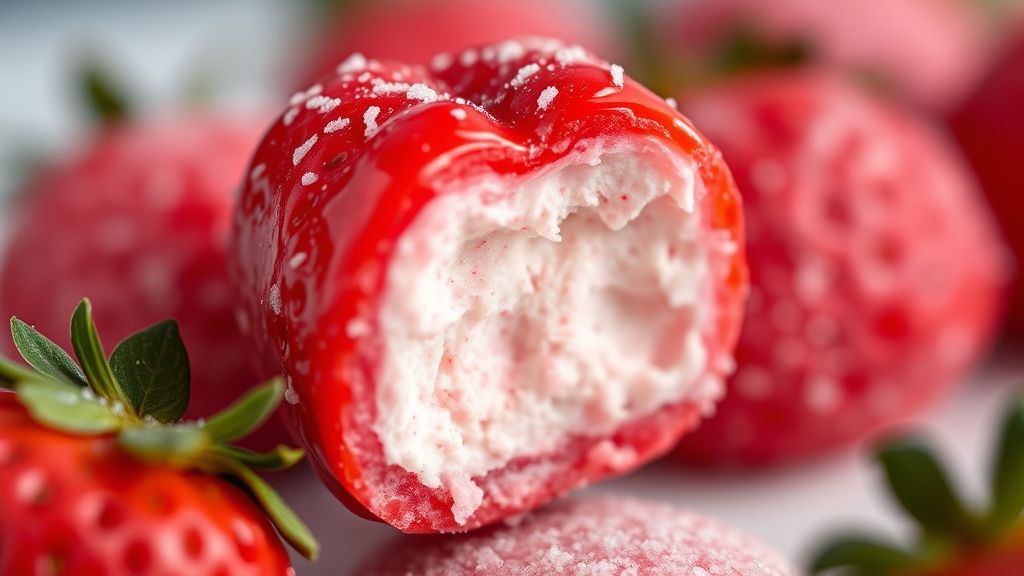 Close-up mostrando a casquinha vermelha crocante com brilho e a textura interna macia