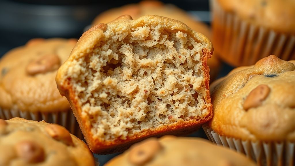 Close-up do muffin de banana cortado ao meio, mostrando o interior úmido e macio.