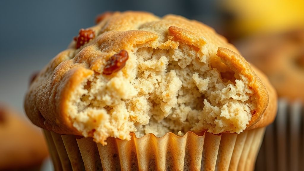 Close-up de um muffin cortado ao meio mostrando a textura fofinha