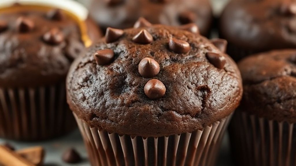 Close-up de muffin pronto, mostrando a textura fofa e gotas de chocolate derretido