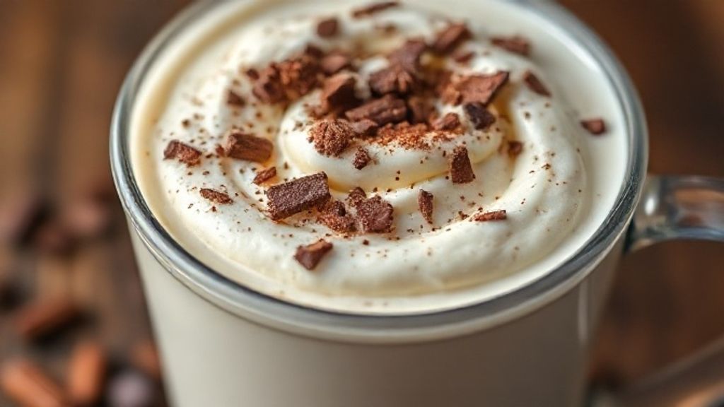 Close-up da bebida pronta, destacando a textura cremosa e o brilho do chocolate derretido por cima