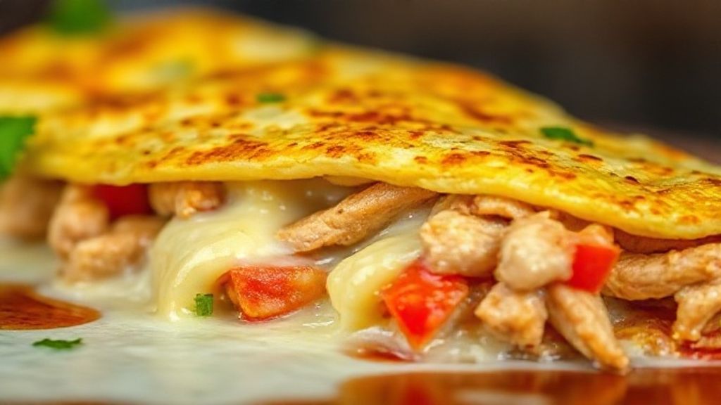 Close-up do omelete cortado, mostrando queijo derretido e frango dentro do recheio.