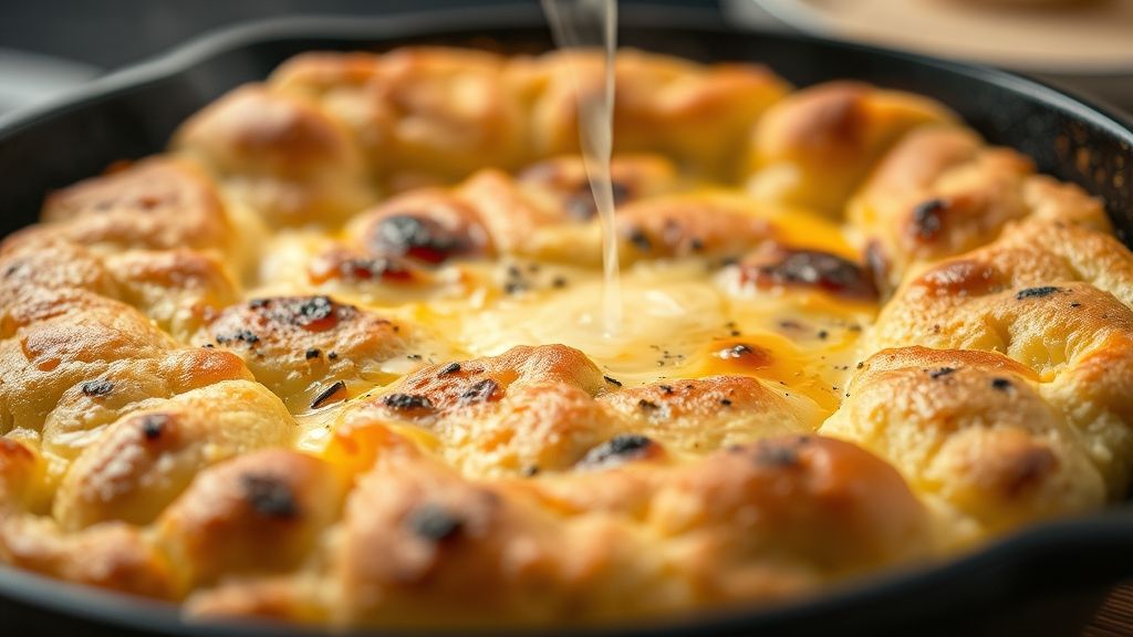 Close-up do pão de frigideira cortado ao meio mostrando a textura fofinha e recheio de queijo derretido