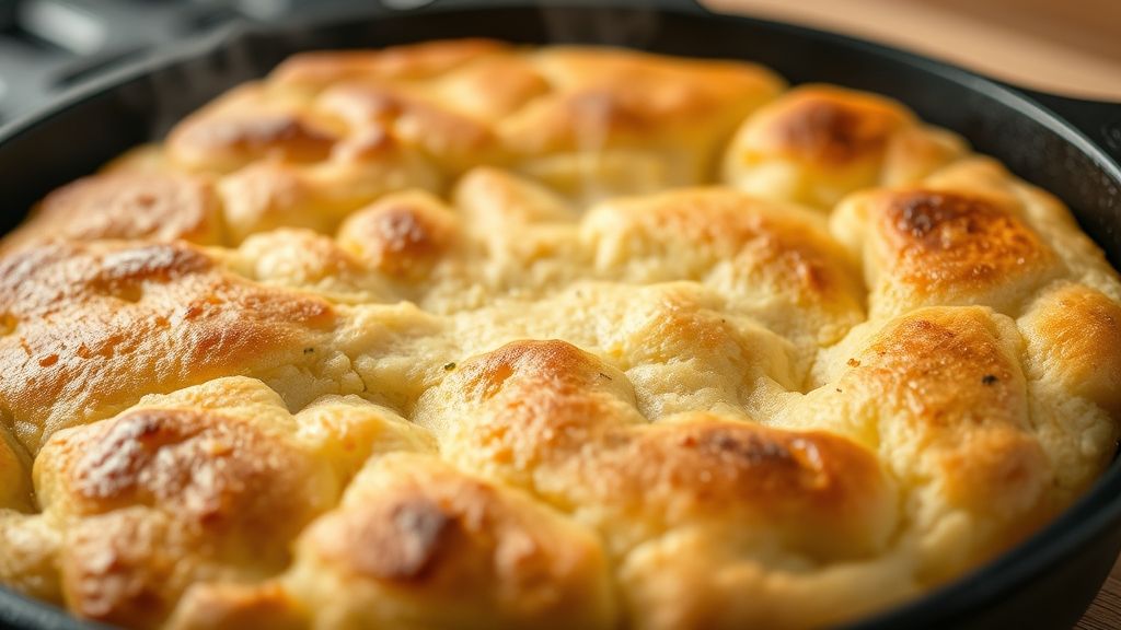 Close-up do pão de frigideira pronto, destacando sua textura macia e dourada