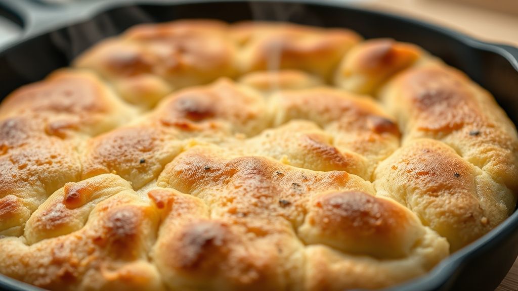 Close-up do pão de frigideira macio mostrando sua textura dourada