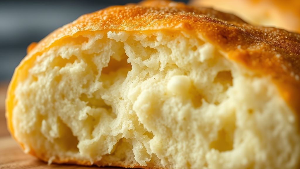 Close-up de um pão de queijo partido ao meio, mostrando a textura elástica e macia