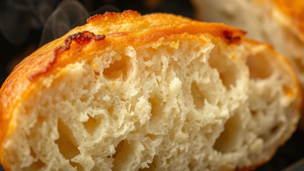 Close-up do pão pronto, crocante por fora e macio por dentro, partido ao meio