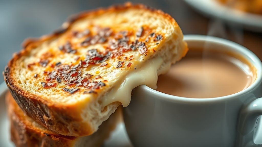 Close-up da textura crocante do pão e o queijo derretendo, servido junto ao café com leite fumegante