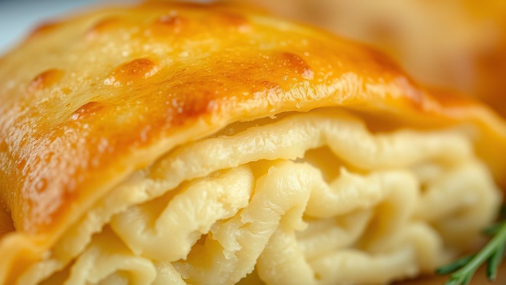 Close com foco na textura e dourado da massa crocante do pastel assado pronto