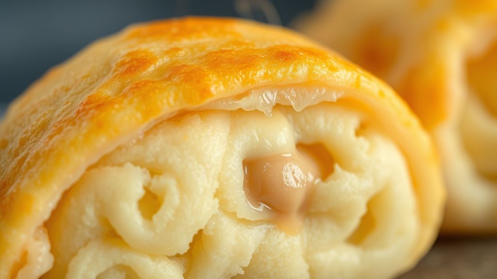 Close-up do pastel de mandioca crocante recém-frito, destacando a textura dourada e o recheio saindo