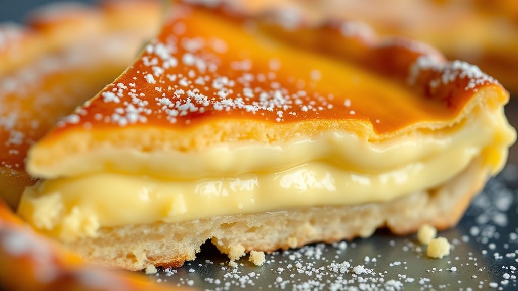 Close-up do pastel recém-saído da air fryer, com textura folhada e recheio dourado e cremoso.