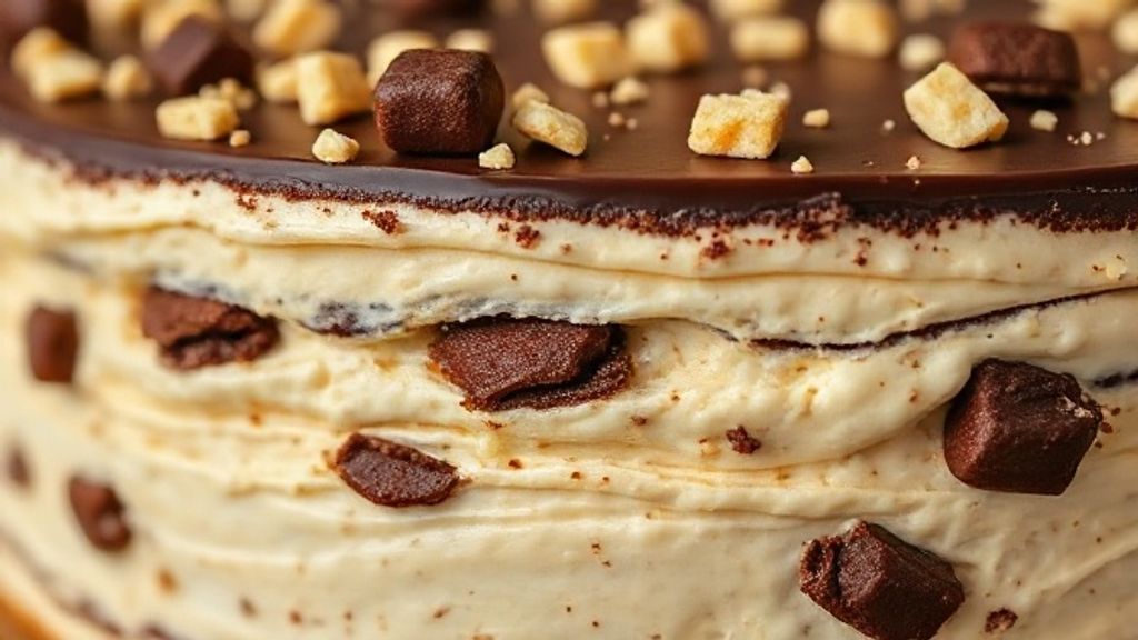 Close-up de uma colher retirando camada cremosa com Bis e ganache do pavê