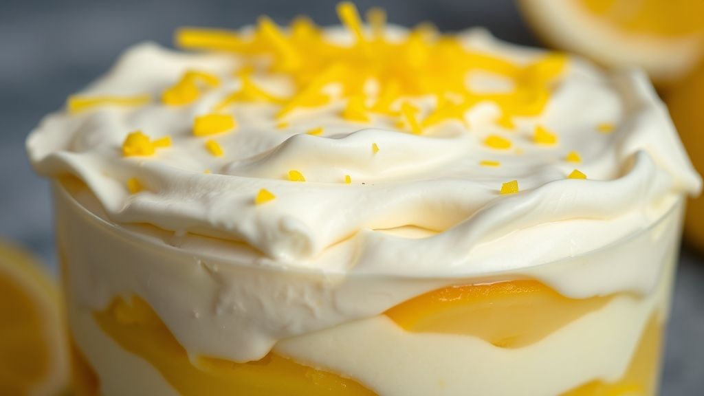 Close-up do pavê de limão servido em porção individual, mostrando a textura cremosa e as camadas